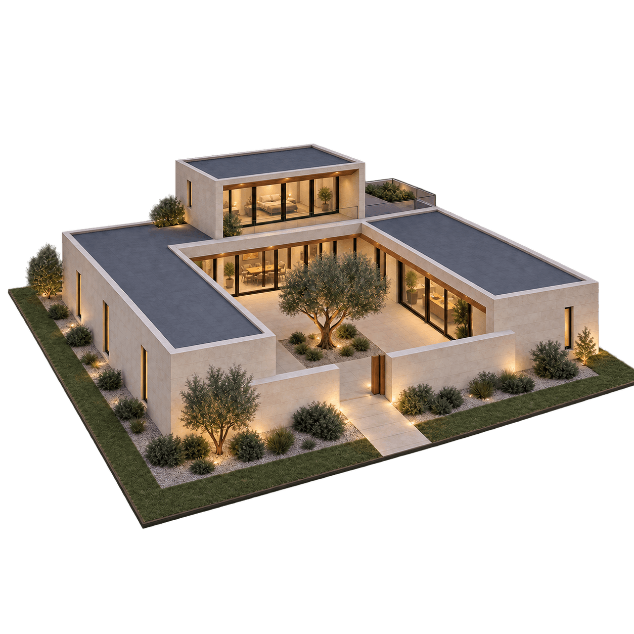 Finished courtyard house model at dusk with detailed stone, warm interior lighting, and illuminated landscaping