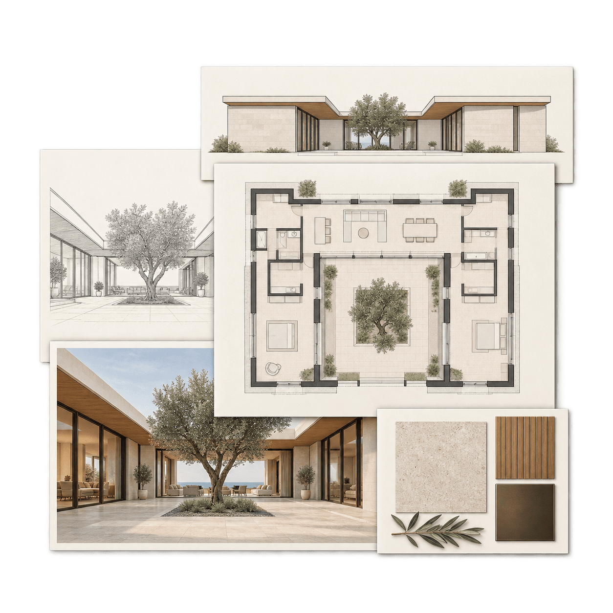 Layered courtyard house plans, architectural drawings, reference photograph, and material samples