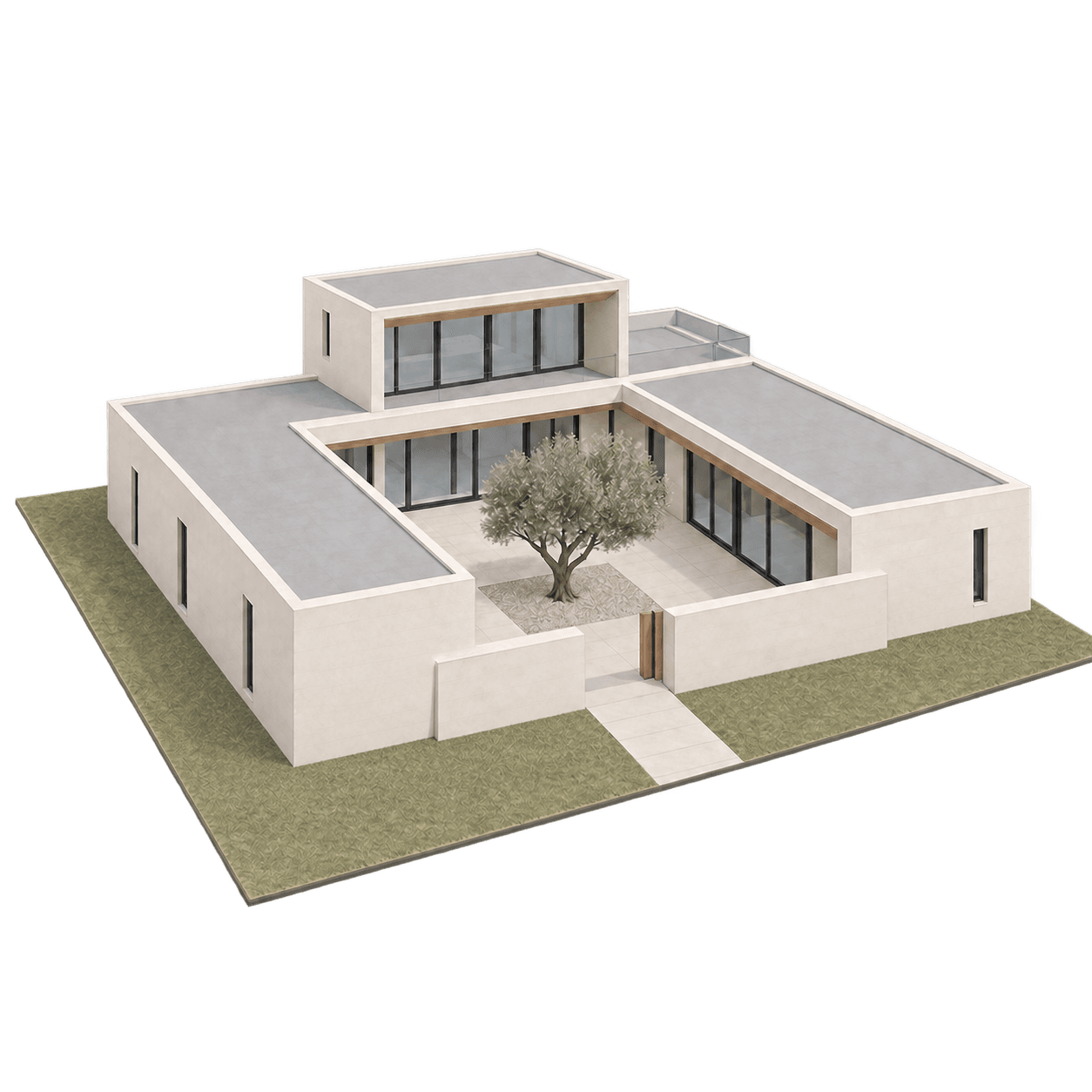 Daytime 3D courtyard house model with a setback upper story, plain grass, and a central courtyard tree